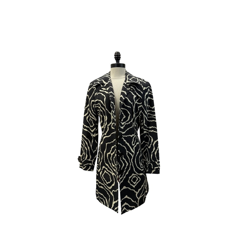 Trina Turk Trench Coat‎ Womens M Black White Excellent Cotton Silk Swirl Print